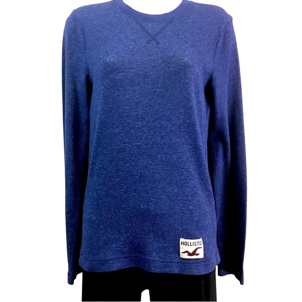 Hollister Blue Long Sleeve Top Waffle Fabric Crew Neck Logo Label on Hem